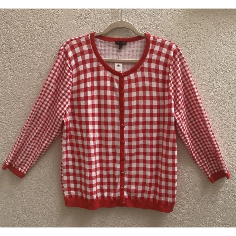 Talbots Red White Gingham Cardigan SweaterSize XL 3/4 Sleeve Cottagecore NWT - Picture 2 of 8